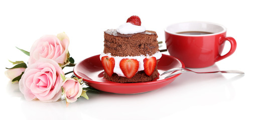 Chocolate cake with strawberry isolated on white