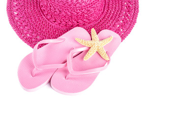 Pink Straw Hat with Pink Flip Flops Isolated on White