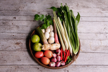 Ingredients for cooking tom yum soup in the threshing basket