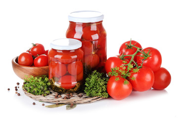 Tasty canned and fresh tomatoes, isolated on white