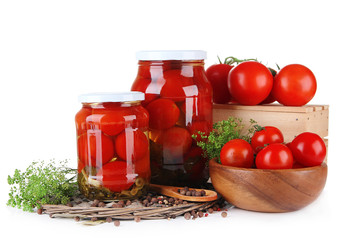 Tasty canned and fresh tomatoes, isolated on white