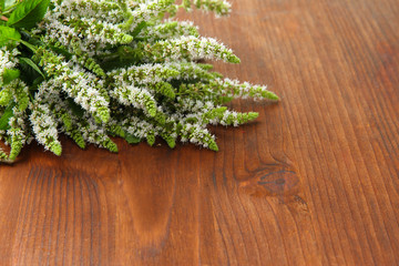 Fresh mint flowers on wooden background