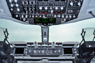 Cockpit view inside the military transport aircraft