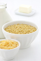 Gourmet macaroni and cheese ingredients.