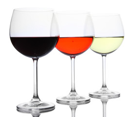 Assortment of wine in glasses isolated on white