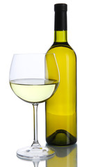 White wine glass and bottle of wine isolated on white