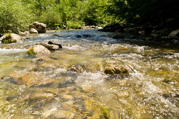 Naklejka na ściany i meble Fast and cold mountain river at hot summer, Trešnjica gorge