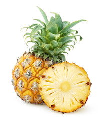 Isolated pineapple. Whole pineapple fruit and a slice isolated on white background