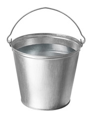 metal bucket with water on a white background - obrazy, fototapety, plakaty