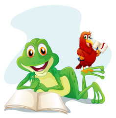 A frog and a bird reading