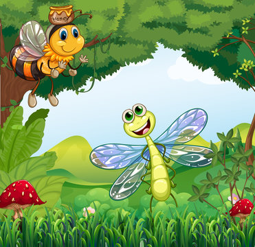 A dragonfly and a bee at the forest