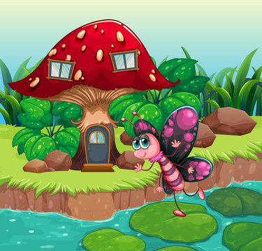 A butterfly waving near the red mushroom house