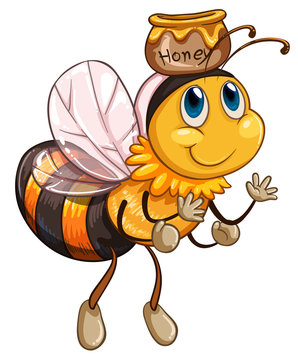 A bee flying with a pot of honey