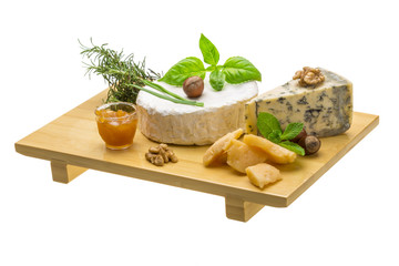 Assorted cheese - brie, dor blue and hard old yellow cheese