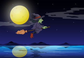 Naklejka premium A witch riding on a broom travelling in the middle of the night