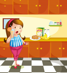 A fat lady holding a glass of orange juice