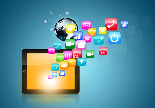 Touch screen tablet  with cloud of colorful application icons