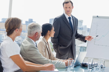 Obraz premium Businessman pointing at whiteboard during a meeting