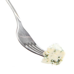 Blue cheese with a noble mould on fork on white background