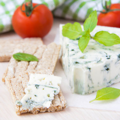 Blue cheese with a noble mould with diet bread, basiland tomato