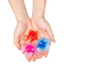 Beautiful aroma spa candle on white background, hibiscus spa can