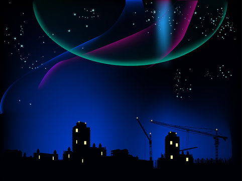 city landscapes under star sky
