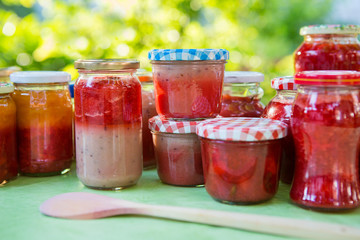 Homemade strawberry jam in different jars