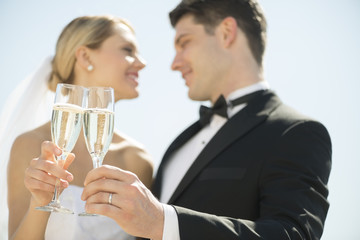 Bride And Groom Toasting Champagne Flutes Against Sky
