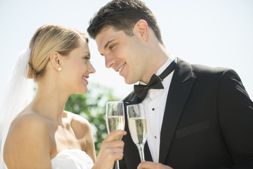 Couple Toasting Champagne Flutes Against Sky