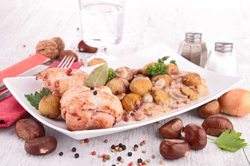 cooked meat with chestnut and mushrooms