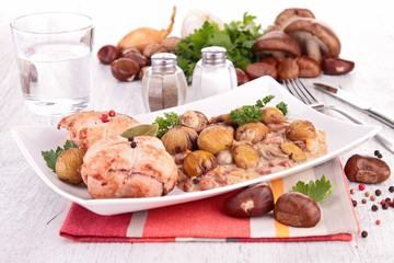 cooked meat with chestnut and mushrooms