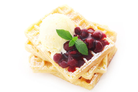 Waffles with Cherries and Icecream