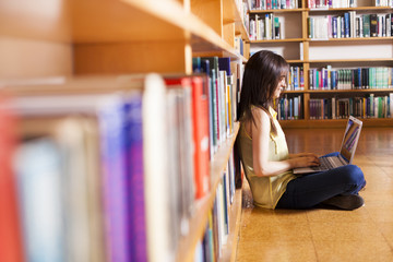 Young smiling student using her laptop in a library