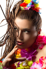 Luau Party Girl. Exotic Hula Dancer. Braiding Hair.