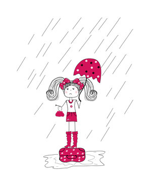 rain and a little girl in a pink dress. vector
