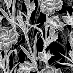 Wall murals Flowers black and white Seamless floral background with carnation