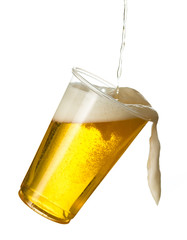 Golden lager or beer in disposable plastic cup