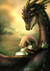 A shabby girl is hugging her dragon with happiness