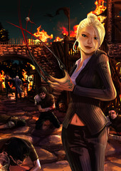 A woman with beast power is standing in the battle field scene
