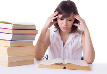 Concentrated student girl reading books