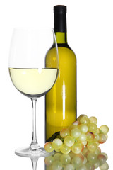 White wine glass and bottle of wine isolated on white