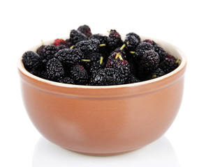 Ripe mulberries in bowl isolated on white