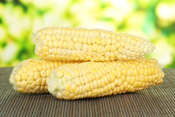 Fresh corn on bamboo mat, on bright background