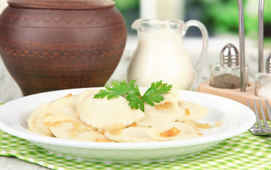 Tasty dumplings with fried onion