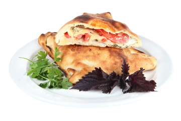 Pizza calzone on table isolated on white