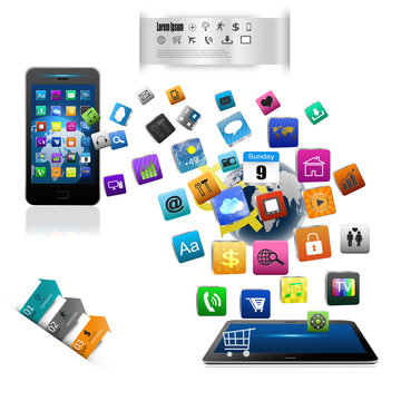 tablet computers and mobile phone isolated on white background