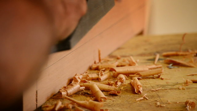 Wood shavings with wood planer, close up