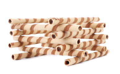 Waffle rolls with chocolate cream.