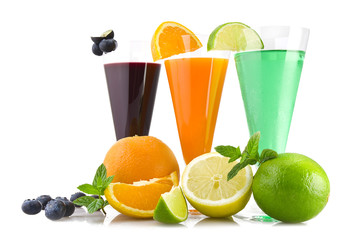 Various fruit cocktails close up on the white