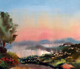 Watercolor painting landscape of sunset